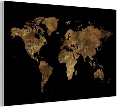 Aluminium schilderij 150x100 cm - Wanddecoratie metaal - Wereldkaart - Goud - Luxe - Aarde - Zwart - Metalen muurdecoratie woonkamer - Decoratie industrieel - Foto op dibond - Industriële accessoires slaapkamer