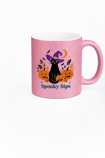 Glitter Halloween Mok - Spooky Sips Zwarte Kat & Pompoenen