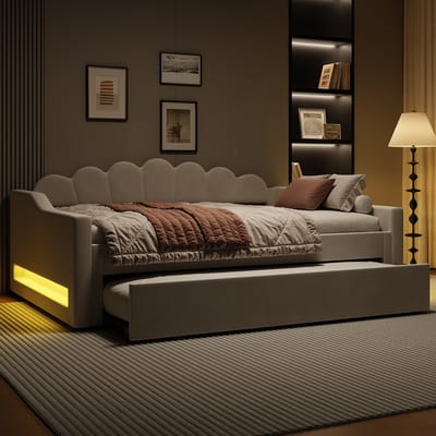 Slaapbank 140x200 met Uittrekbed en LED - Wit - Linnen