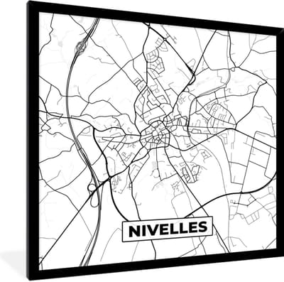 Fotolijst incl. Poster Zwart Wit- Zwart Wit – België – Plattegrond – Stadskaart – Kaart – Nivelles - 40x40 cm - Posterlijst