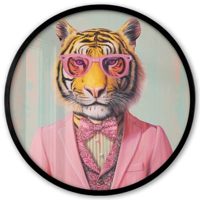 Poster in lijst Rond - Fotolijst 40x40 cm - Posters - Tijger - Strik - Jasje - Roze - Ronde posterlijst zwart - Decoratie - Wanddecoratie woonkamer - Muurdecoratie slaapkamer