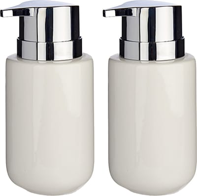 Berilo zeeppompje/dispenser - 2x - keramiek - wit/zilver - 350 ml - toilet/badkamer/keuken - lotionpompje
