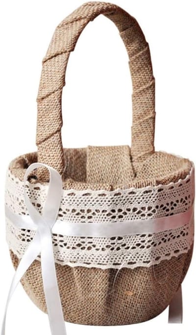 Dailygoods- Bloemenmeisje Mand met Handvat - Vintage Bruiloft - Jute/Polyester - Rustieke Ceremonie - Feest - Strik - Bloemenmand