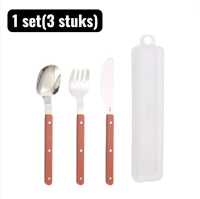 1 set(3stuks) - Besteksets - RVS Bestek Set met Klinknagels - Steakmes, Dessertlepel, Vork en Botermes - 304 RVS voor Volwassenen en Kinderen - Bruin