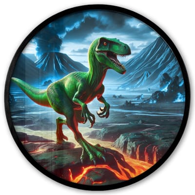 Poster in lijst Rond - Fotolijst 40x40 cm - Posters - Dino - Lava - Groen - Jongens - Ronde posterlijst zwart - Decoratie - Wanddecoratie woonkamer - Muurdecoratie slaapkamer
