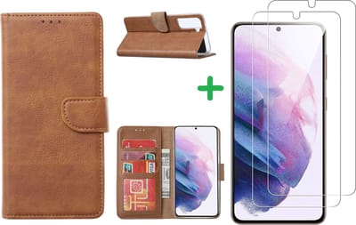 Hoesje Geschikt Voor Samsung Galaxy S21 Plus hoesje wallet case Bruin - Galaxy s21 Plus hoesje bookcase portemonnee book case hoes cover hoesjes met 2 pack Screenprotector