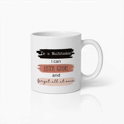 Multitasker Koffiemok 330ml – Grappige Tekst "Ik Kan Luisteren, Negeren en Vergeten" – Uniek Cadeau voor op Kantoor
