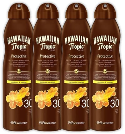 4 x Hawaiian Tropic - Zonnebrand - Island Glow Dry Oil Continuous Spray SPF 30 - Hydraterend & Beschermend - 177 ml - Zonbescherming - Zonbrand Spray - Droge Olie - SPF 30 - Huidhydratatie
