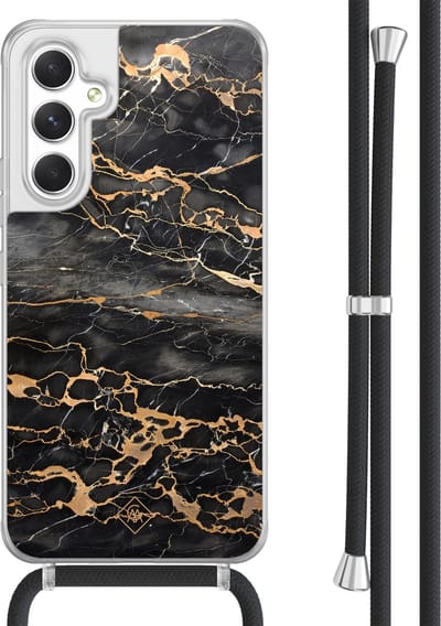Casimoda® hoesje met koord - Geschikt voor Samsung A54 - Marmer Grijs Brons - Afneembaar koord - TPU/acryl - Zwart