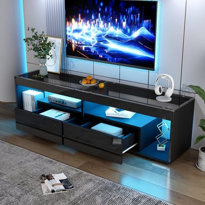 MODENUIT Tv-Meubel - Met LED En 2 Lades - Voor Woonkamer - Spaanplaat En Gehard Glas - 180x40x46 Cm - Zwart