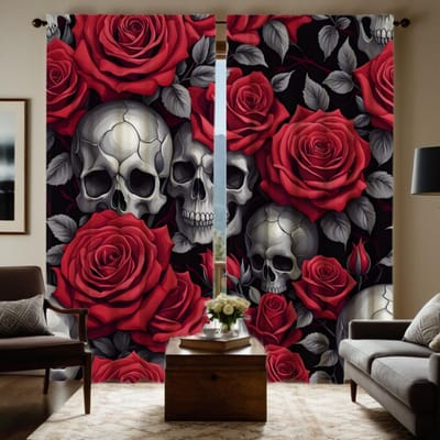 2pcs HD Skull Rose rideau cravate rouge rideau imprimé numérique décoration de la maison style décorer salon chambre porter tringle rideau W52H63inchW132H160cm brown
