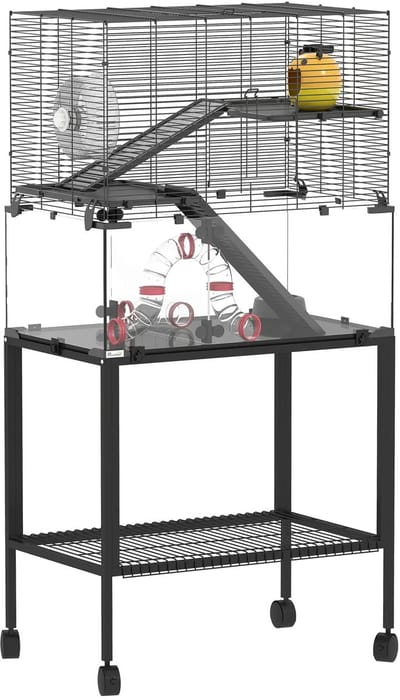 Hamsterkooi - Cavia kooi - Rattenkooi - Huisje - 3 Niveaus - Verwijderbare Lade - Met Voederstation - Zaag - Loopplank - Hutten - Staal - 77L x 49B x 130,5H cm - Zwart