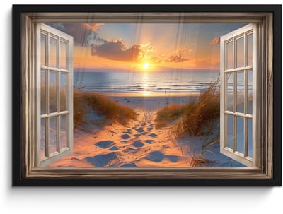 Poster in lijst - Fotolijst 60x40 cm - Posters - Doorkijk - Strand - Duinen - Zonsondergang - Posterlijst zwart - Decoratie - Wanddecoratie woonkamer - Muurdecoratie slaapkamer