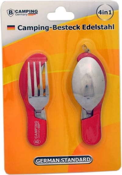 Reisbestek - 4-delige - Camping Bestek - Outdoor RVS Spork - Survival Mes / Vork / Lepel / Flesopener - Rood