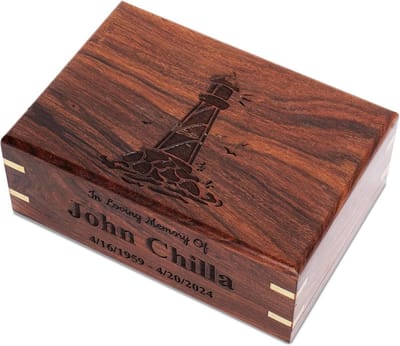 Gepersonaliseerde palissander urn voor as van mens of huisdier - Houten gegraveerde crematie urn met licht huis thema