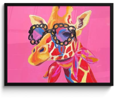 Poster in lijst - Fotolijst 80x60 cm - Posters - Giraf - Roze - Bril - Sjaal - Posterlijst zwart - Decoratie - Wanddecoratie woonkamer - Muurdecoratie slaapkamer