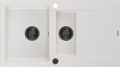 Mexen Matias granieten spoelbak 1,5-komoren met afdruiprek 900 x 505 , wit, zwarte sifon - 6502901505-20-B