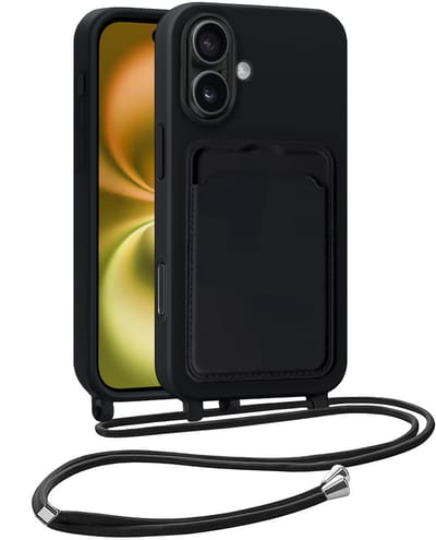 Hoesje Geschikt voor iPhone 16 Plus Telefoonhoesje Met Koord Case Pashouder Siliconen - Hoes Geschikt voor iPhone 16 Plus Hoesje Met Kaarthouder - Zwart