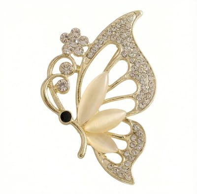 Witte vlinder broche dames en heren met goudkleurige afwerking, strass steentjes en parelmoerlook vleugels, elegante decoratieve broche als speld geschikt voor feest, jubileum of dagelijks gebruik