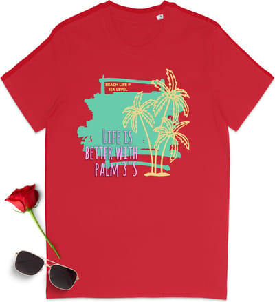 Zomer tshirt met print - Life is better with palmtrees - T-shirt met zomer opdruk heren - T shirt dames met zomer print - Vakantie t shirt voor vrouwen en mannen - Unisex maten:  S M L XL XXL XXXL - Tshirt kleuren: Zwart, geel, rood en blauw.
