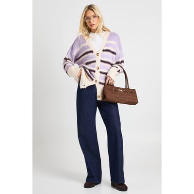 boohoo Dames Superzachte cardigan met knoopdetail in de hals, oversized boyfriend-stijl | Lilac | Maat: Small