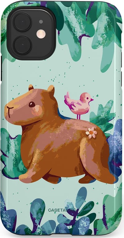 Casetastic Hoesje Geschikt voor Apple iPhone 11 - Stijlvolle Beschermende Duo-layer Case - Capibara Vogeltjes Vriend