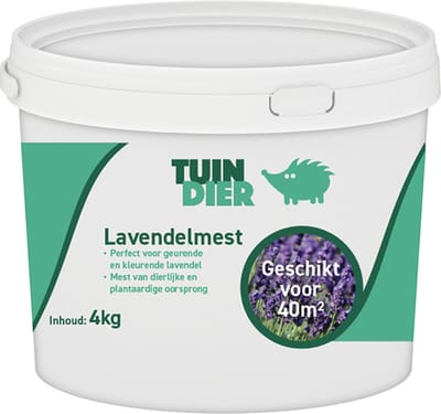 Lavendel mest | TUIN-DIER® | Lavendel voeding | Lavendel meststof | Lavendelmest | 100% natuurlijk | In handige bewaaremmer | 4.000 gram | 4 kilogram