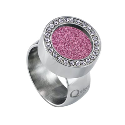 Quiges RVS Schroefsysteem Ring met Zirkonia Zilverkleurig Glans 16mm met Verwisselbare Glitter Roze 12mm Mini Munt