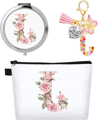 SnelShoppen - Gepersonaliseerde Make-up Tas met Initialen, Toilettas met Spiegel & Motivatie Sleutelhanger, Perfect Cadeau voor Meisjes, Vrouwen & Bru