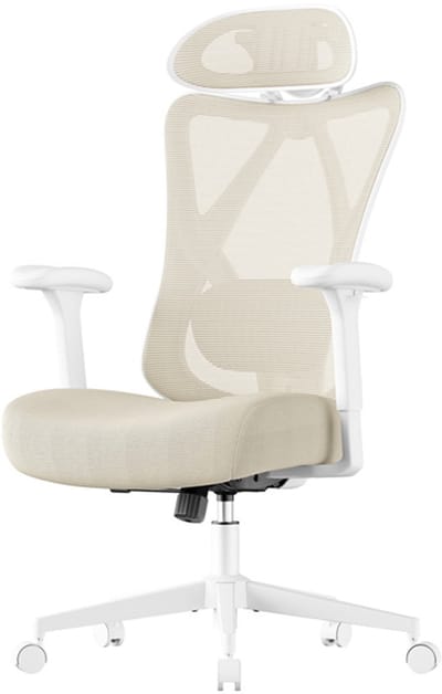 Ergonomische bureaustoel, computerstoel, mesh-stoel 70 x 70 x (115-125) cm Beige, verstelbare lendensteun en hoofdsteun, maximaal gewicht 150 kg, hoogte verstelbaar, met kantelfunctie en dikke zitting, geschikt voor kantoor en thuiswerk
