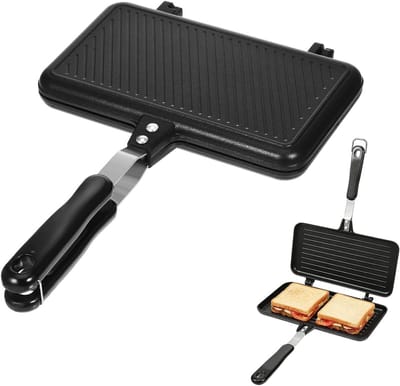 Dubbelzijdig Sandwichmaker - Zwart - 37 x 25 x 4,4 cm - Aluminium Tosti-IJzer met Antiaanbaklaag - Voor Keuken en Camping