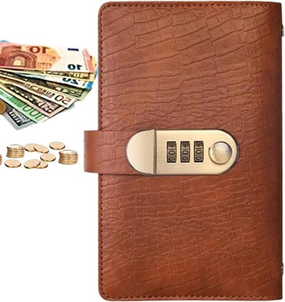 Geldbesparingsboek - Spaaruitdaging Boek - Financiën Beheren - Vintage Combinatieslot - 100 Pagina's - Bruin