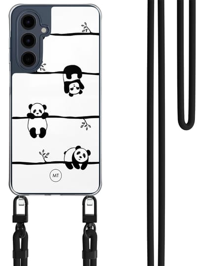 Hoesje met koord geschikt voor Samsung Galaxy A16 - Panda - Inclusief Zwart koord - Crossbody beschermhoes - Transparant, Zwart, Wit - Mooie Telefoonhoesjes