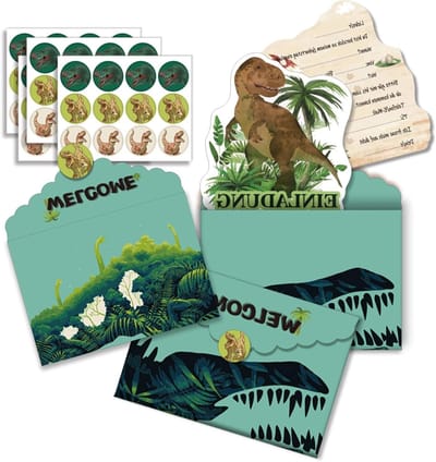 Dinosaurusthema uitnodigingskaarten voor kinderfeestjes, verjaardagsuitnodigingen voor jongens en meisjes, kleurrijke dierenmotieven