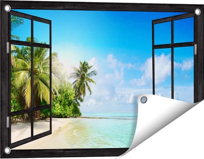 Gards Tuinposter Doorkijk Tropisch Strand bij de Licht Blauwe Zee - 60x40 cm - Tuindoek - Tuindecoratie - Wanddecoratie buiten - Tuinschilderij