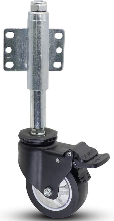 Heavy Duty Spring Load Gate Caster with Brake - Metal Housing, Ball Bearing, Retractable Stem - 100 lbs/50 Kg Capacity - Farmyard Gate