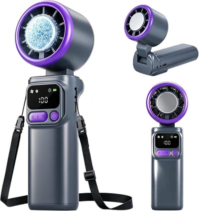 Draagbare Handventilator met Turbo Luchtstroom - Mini Ventilator Opvouwbaar - 3-in-1 USB Oplaadbare Koelventilator met 4000mAh Accu & LED-Licht - Handheld Turbo Fan voor Reis, Strand en Kantoor - Grijs