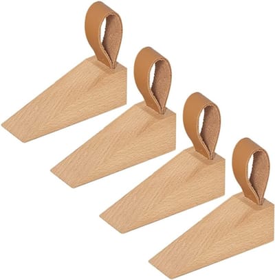 Houten Vloerdeurstopper Set van 4 - Deurwiggen van Beukenhout met Leren Gesp - Duurzaam en Functioneel Deurbeschermer voor Thuisgebruik