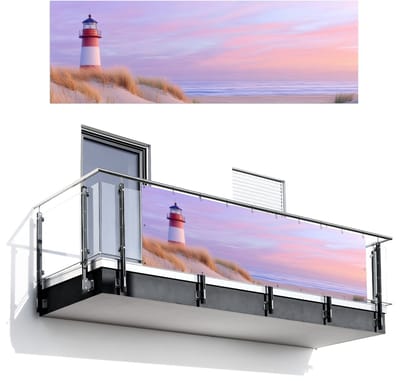 Balkonscherm 300x100 cm - Balkonposter Vuurtoren - Duinen - Zonsondergang - Balkon scherm decoratie - Balkonschermen - Balkondoek zonnescherm