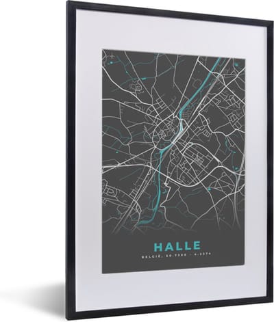 Fotolijst incl. Poster - België – Halle – Stadskaart – Kaart – Blauw – Plattegrond - 30x40 cm - Posterlijst