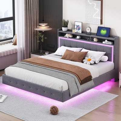 DESMIU Gestoffeerd Bed 160x200cm – Bed Met Usb-Stopcontact En Ledverlichting – Hoofdeinde Met Opbergruimte – Tweepersoonskamer – Linnenstof – Grijs Zonder Matras