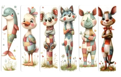 Viwado®Vrolijke Patchwork Dieren Bladwijzers Set - Dolfijn, Eend, Koala, Wolf, Neushoorn, Kangoeroe - Kleurrijke Boekenleggers Cadeau (6 Stuks)