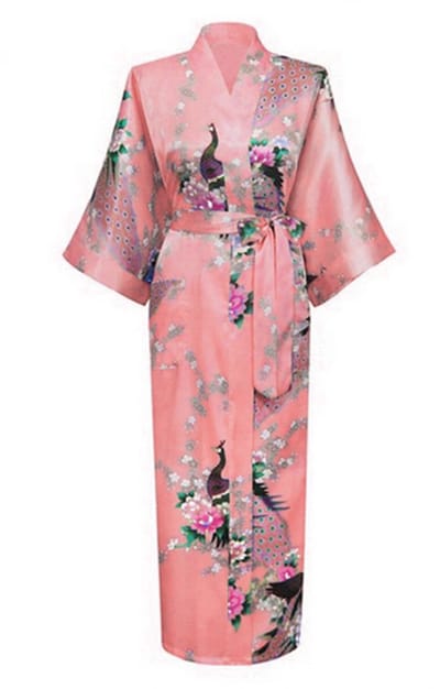 KIMU® Kimono Zalmroze 3/4 - Maat XS-S - Yukata Satijn Onder de Knie - Driekwarts Roze Ochtendjas Japanse Kamerjas Sexy Satijnen Badjas Geisha 152 158 Festival