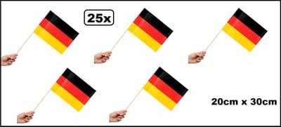 25x Luxe Zwaaivlaggetjes op stok Duitsland 20cm x 30cm - stok hout 50cm - Zwaai vlaggetjes EK WK thema feest voetbal festival uitdeel Duits
