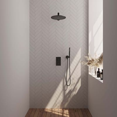 Brauer Black Carving thermostatische inbouw regendouche 3-weg omstelling SET 26 met 30 cm douchekop en rechte muurarm en staaf handdouche en doucheslang en wandaansluitbocht mat zwart