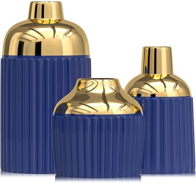 3-delige gouden keramische vazen voor woondecoratie, moderne decoratieve vazen voor bloemen, pampasgras en eucalyptus, geribbelde esthetische set voor mantel, plank, geschenken voor