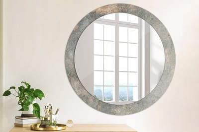Wallfluent Bedrukte Ronde Spiegel - Ronde Spiegel Lijst Met Print Vintage Beton - 80 cm / 66 cm - Grijs - Grijs Ronde Spiegel Met Print - Inloopkastspiegel - Badkamerspiegel - Toiletspiegel - Eenvoudige installatie