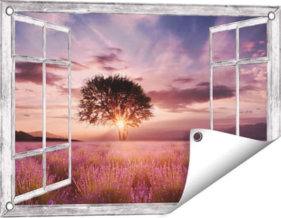 Gards Tuinposter Doorkijk Bloemenveld met Lavendel bij Zonsondergang - 60x40 cm - Tuindoek - Tuindecoratie - Wanddecoratie buiten - Tuinschilderij