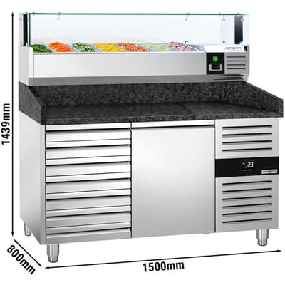 GGM Gastro Pizzakühltisch PREMIUM - 1500x800mm - mit 1 Tür & 7 Schubladen - inkl. Kühlaufsatzvitrine LED - 7x GN 1/4 Zilver