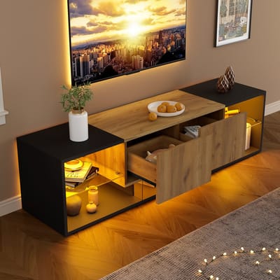 STILVORA Tv-Meubel - Drie-Niveaus Met Dimbare LED En 2 Laden - Draagkracht 40 Kg - Voor Woonkamer - Spaanplaat - 160x40x42 cm - Zwart+Lichtbruin